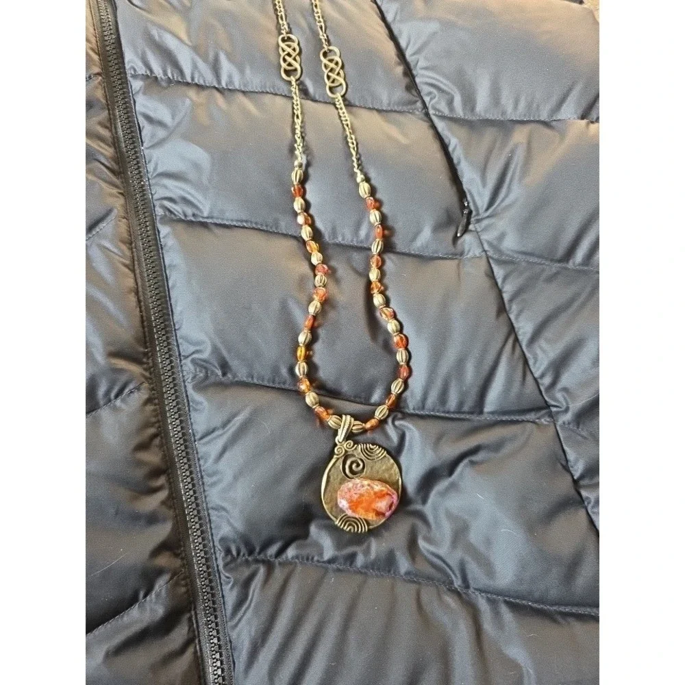 Bohemian‎ Druzy and Amber Stone Pendant Necklace Brass Tone Chain